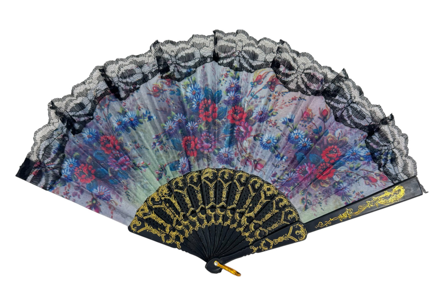 Sheer Floral Black Lace Trim Hand Held Folding Fan FN3772. (12PC)
