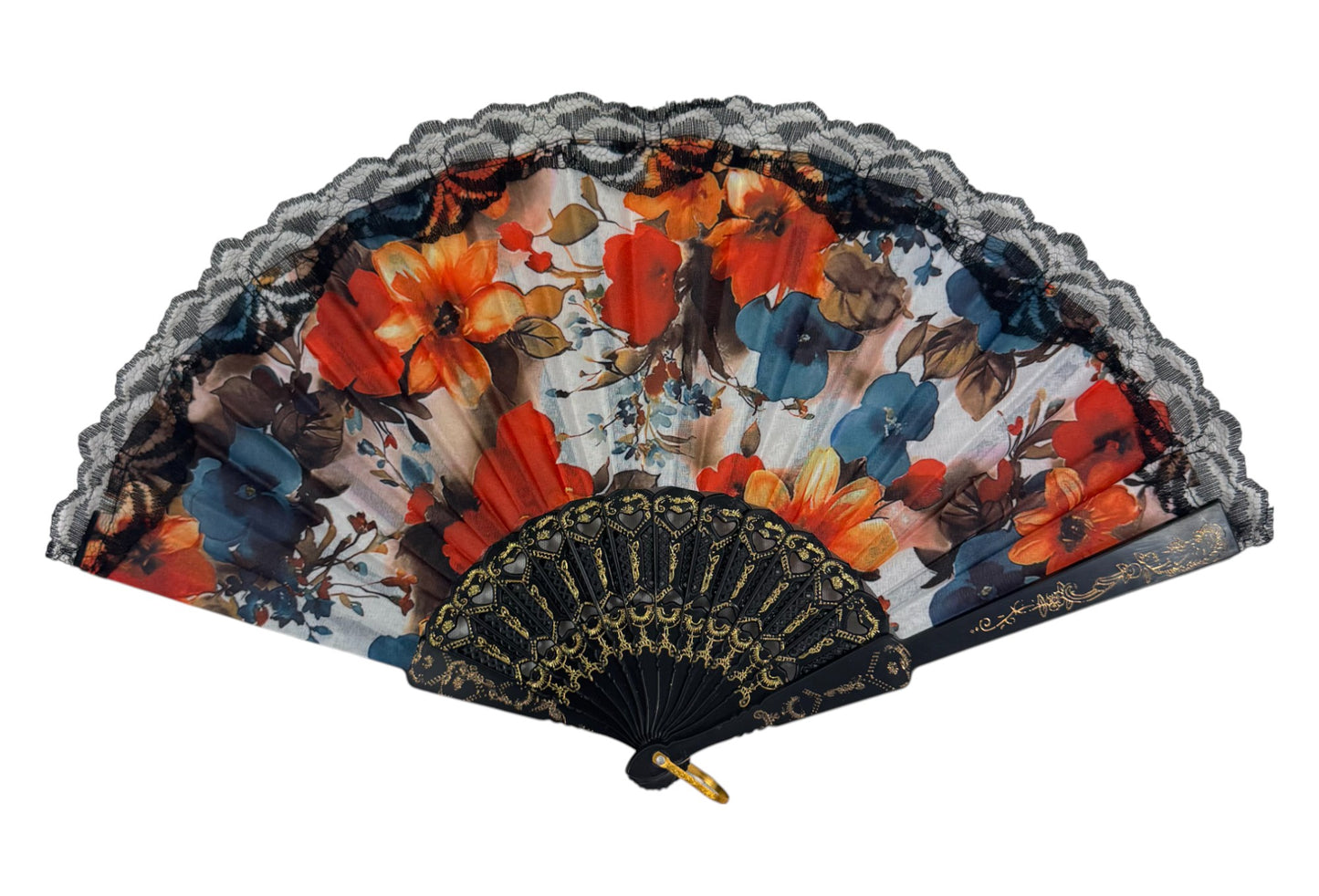 Sheer Floral Black Lace Trim Hand Held Folding Fan FN3772. (12PC)