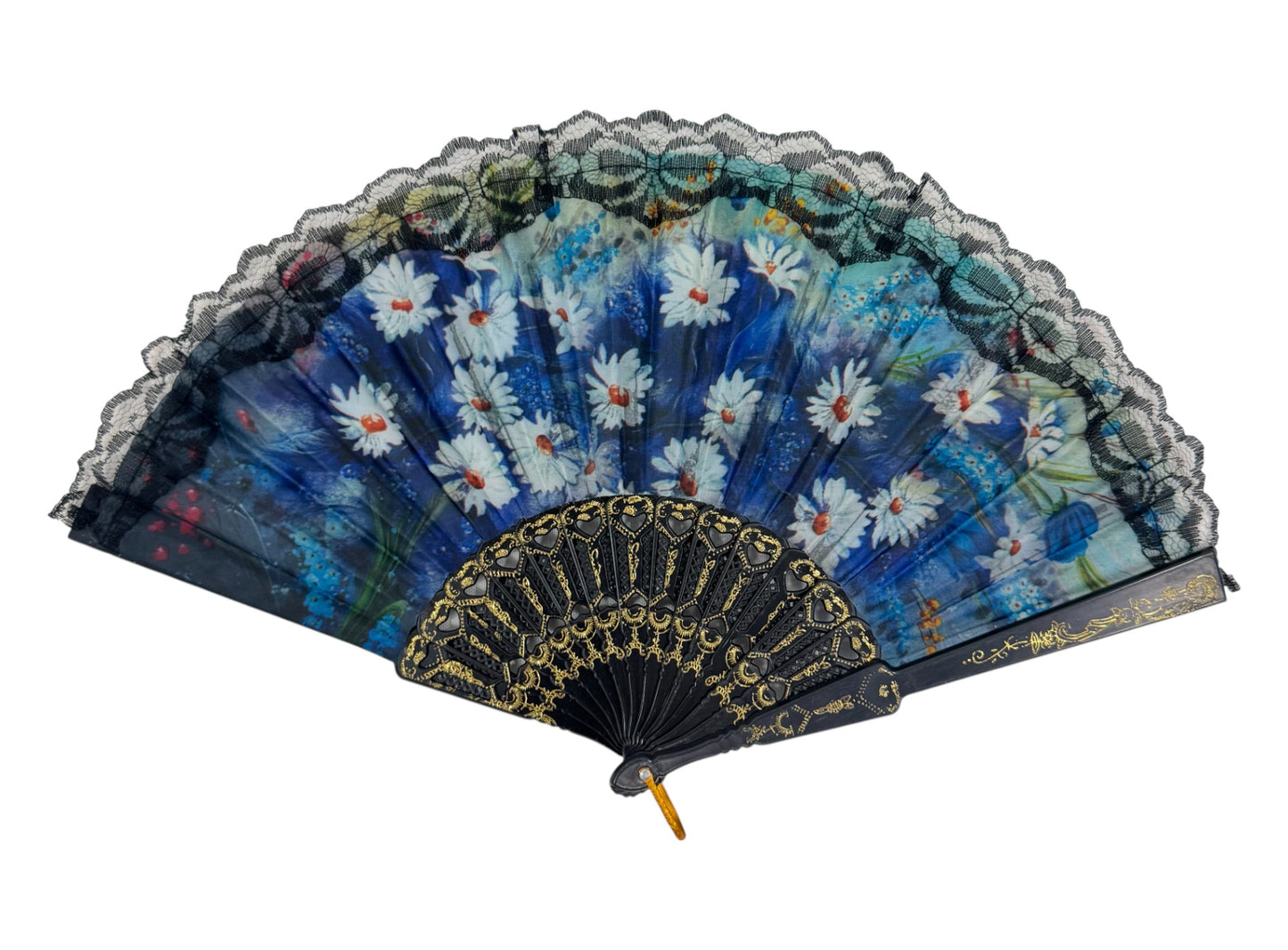 Sheer Floral Black Lace Trim Hand Held Folding Fan FN3772. (12PC)