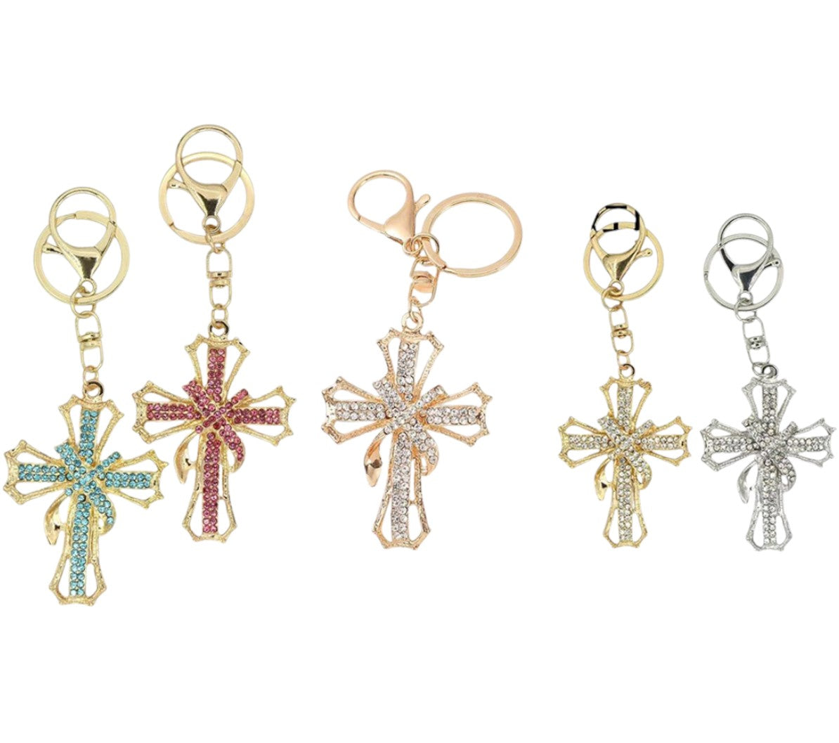 RHINESTONE RIBBON CROSS KEY CHAIN KC1211-10 (12PC)