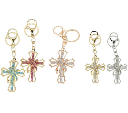RHINESTONE RIBBON CROSS KEY CHAIN KC1211-10 (12PC)