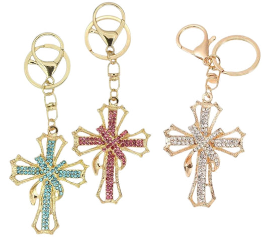 RHINESTONE RIBBON CROSS KEY CHAIN KC1211-10 (12PC)