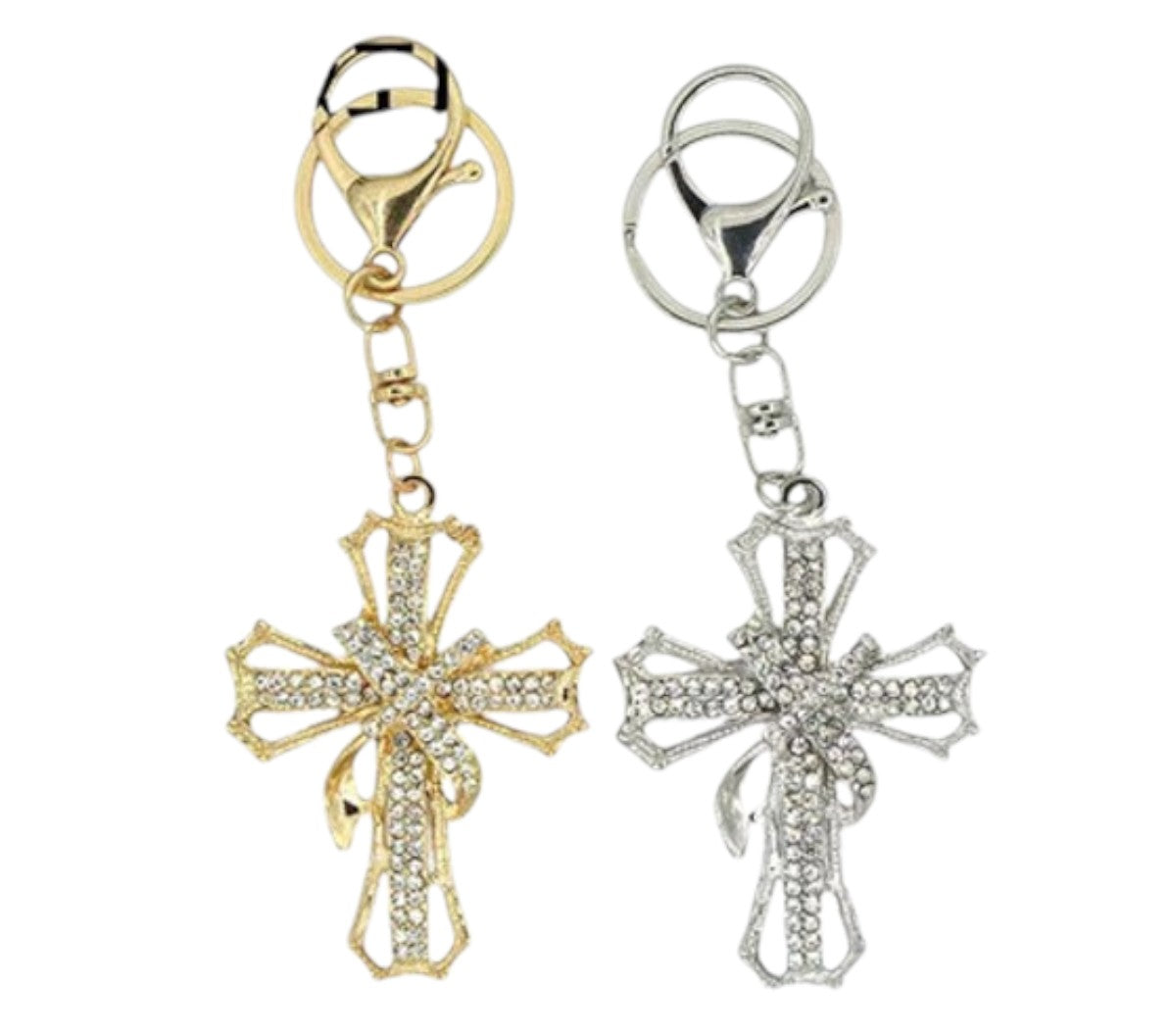 RHINESTONE RIBBON CROSS KEY CHAIN KC1211-10 (12PC)