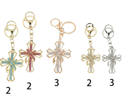 RHINESTONE RIBBON CROSS KEY CHAIN KC1211-10 (12PC)