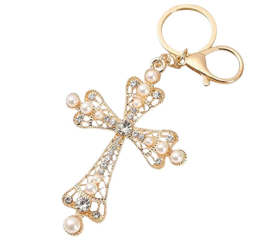 RHINESTONE CROSS KEY CHAIN KC1211-8 (12PC)