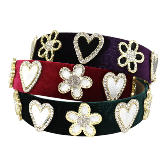 Heart Flower Charm Velvet Headband HB21027-16. (12PC)