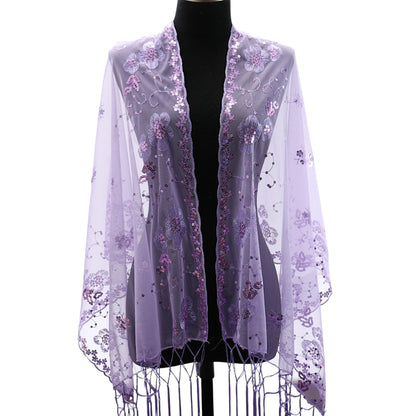 Sequin Chiffon Embellished Fringe Sheer Shawl Wrap Scarf SC309B. (12pc)