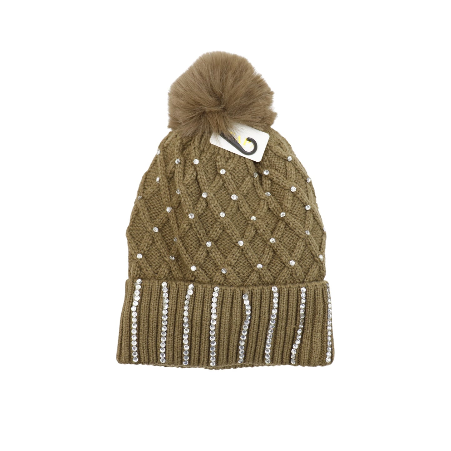 Pom Pom Knitted Beanie With Rhinestone HA4727-8. (12PC)