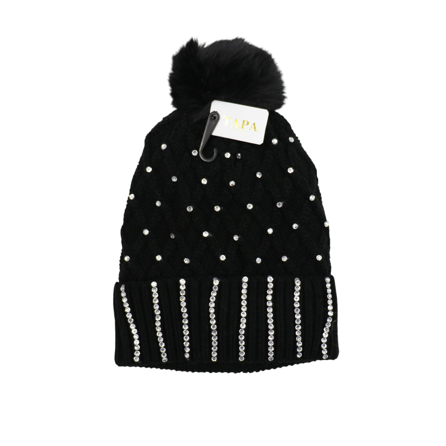 Pom Pom Knitted Beanie With Rhinestone HA4727-8. (12PC)