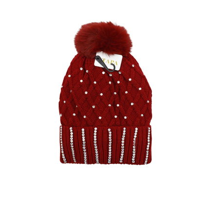 Pom Pom Knitted Beanie With Rhinestone HA4727-8. (12PC)