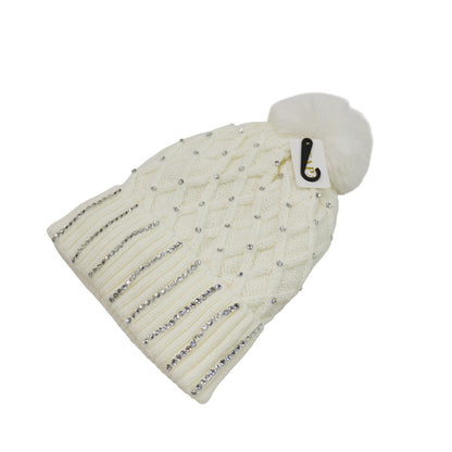 Pom Pom Knitted Beanie With Rhinestone HA4727-8. (12PC)