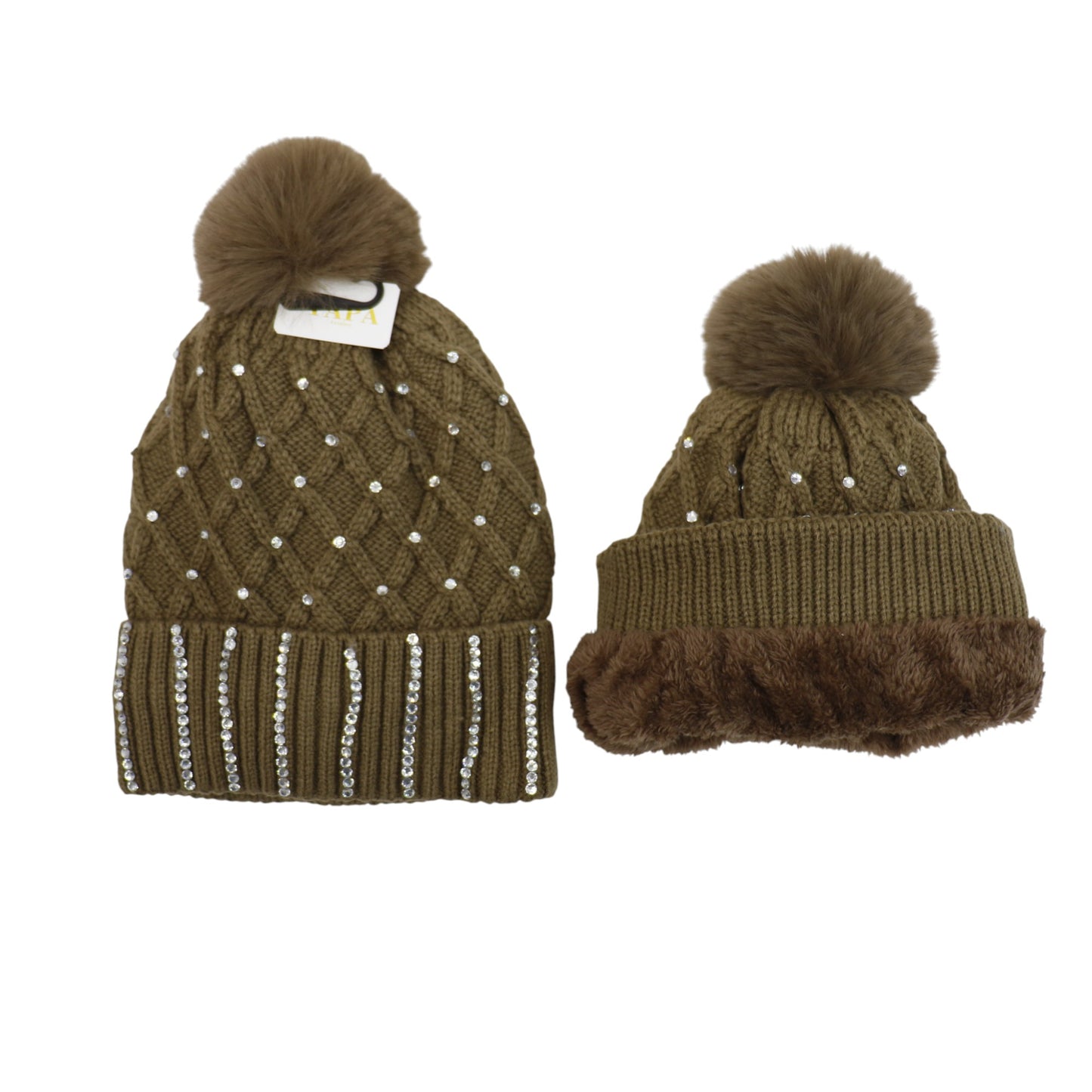 Pom Pom Knitted Beanie With Rhinestone HA4727-8. (12PC)