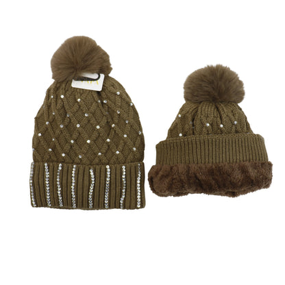 Pom Pom Knitted Beanie With Rhinestone HA4727-8. (12PC)