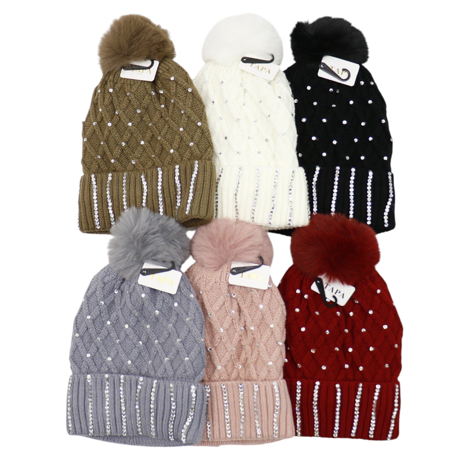 Pom Pom Knitted Beanie With Rhinestone HA4727-8. (12PC)