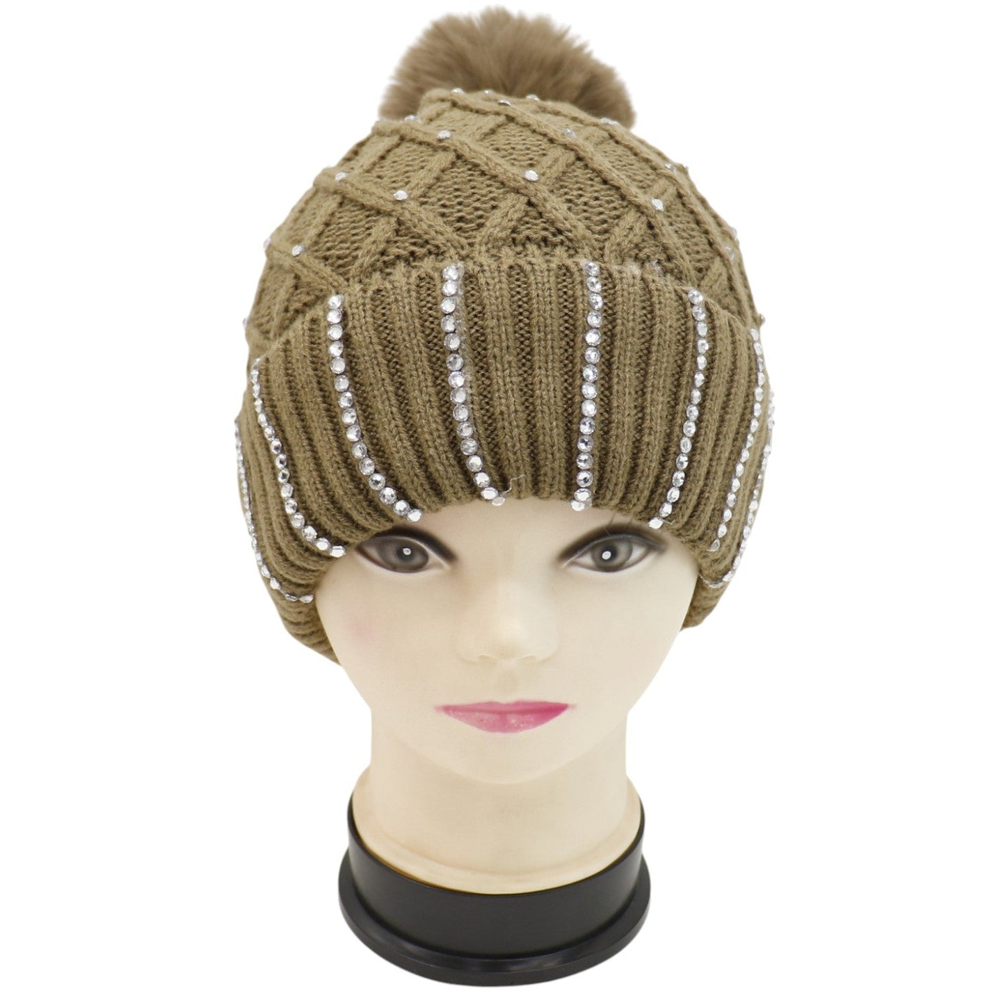 Pom Pom Knitted Beanie With Rhinestone HA4727-8. (12PC)