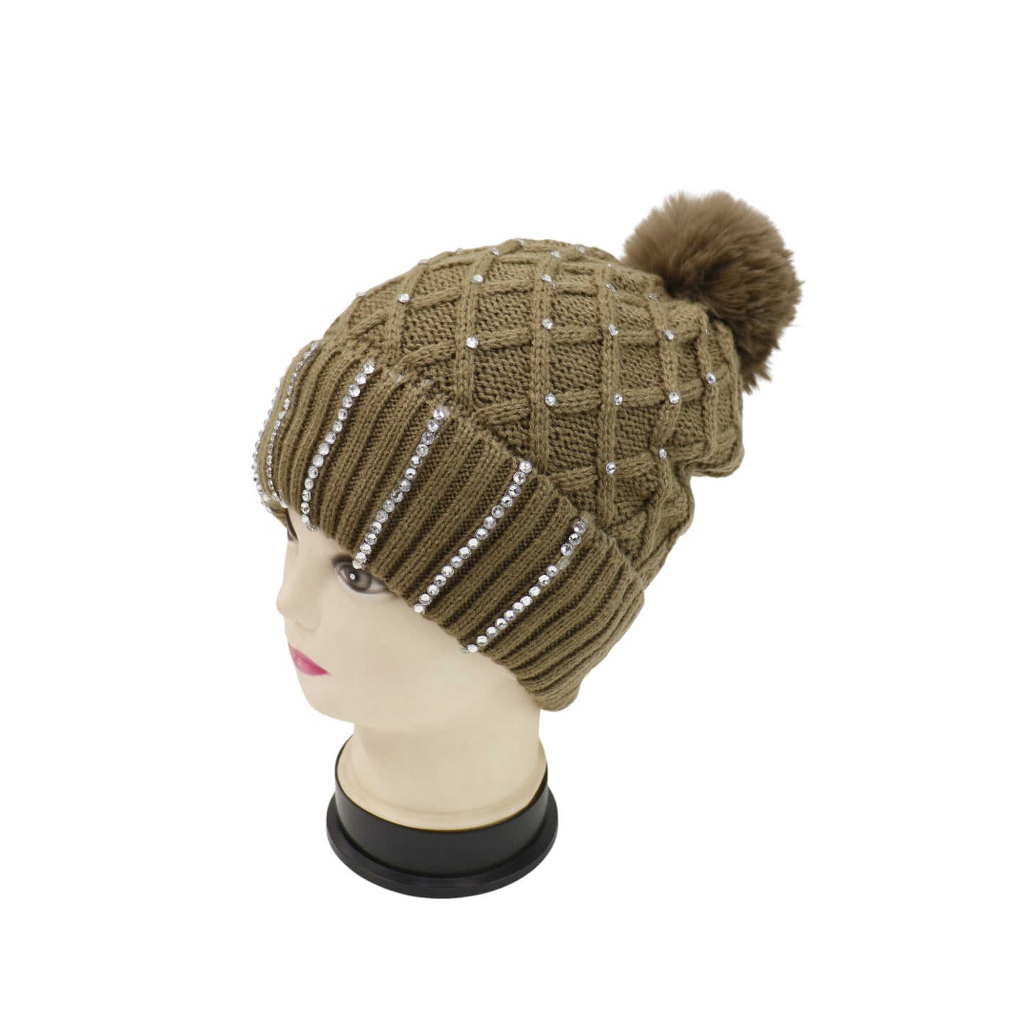 Pom Pom Knitted Beanie With Rhinestone HA4727-8. (12PC)