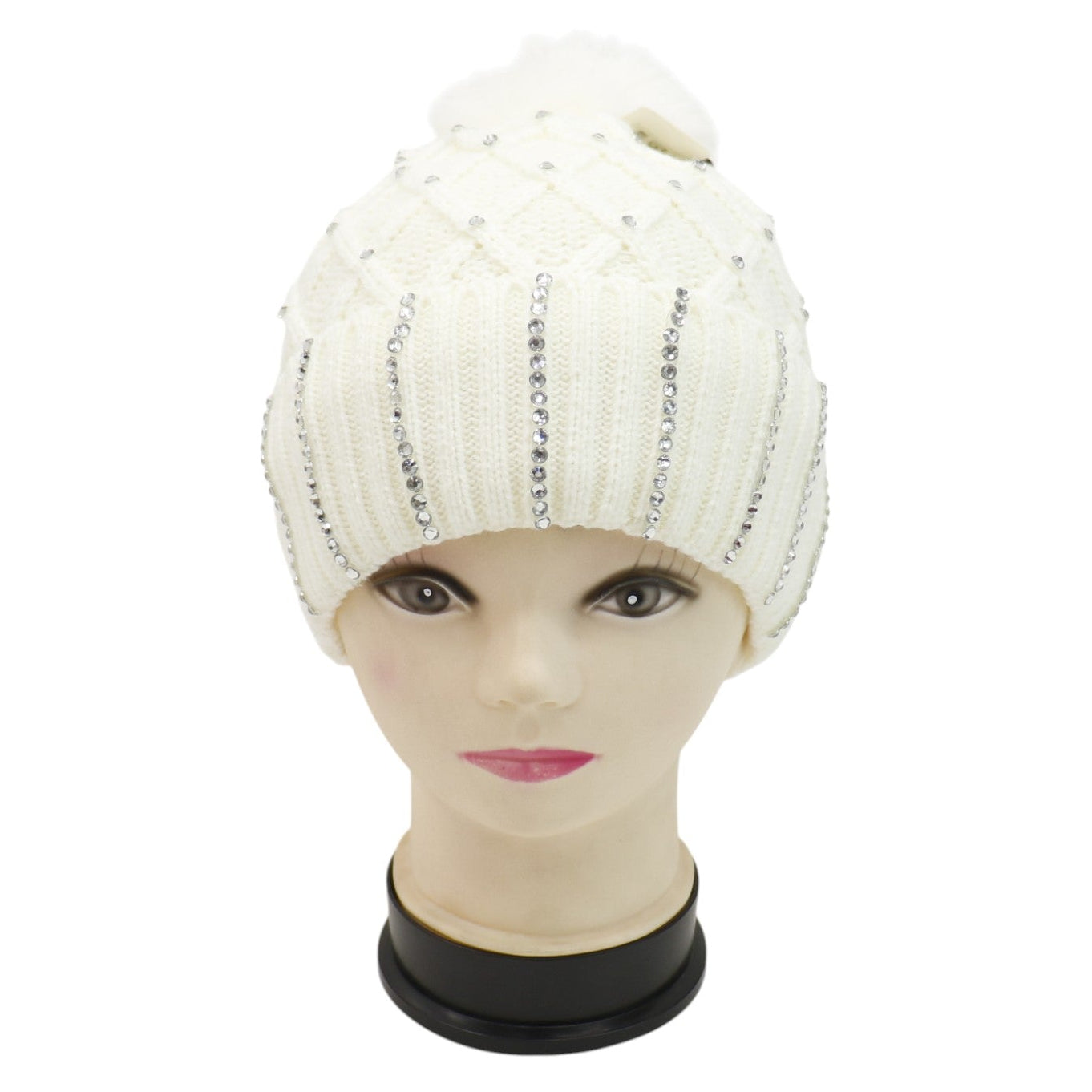Pom Pom Knitted Beanie With Rhinestone HA4727-8. (12PC)