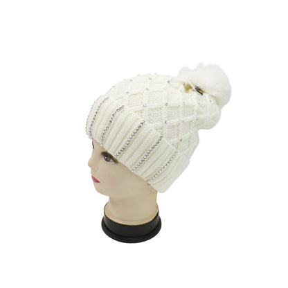 Pom Pom Knitted Beanie With Rhinestone HA4727-8. (12PC)