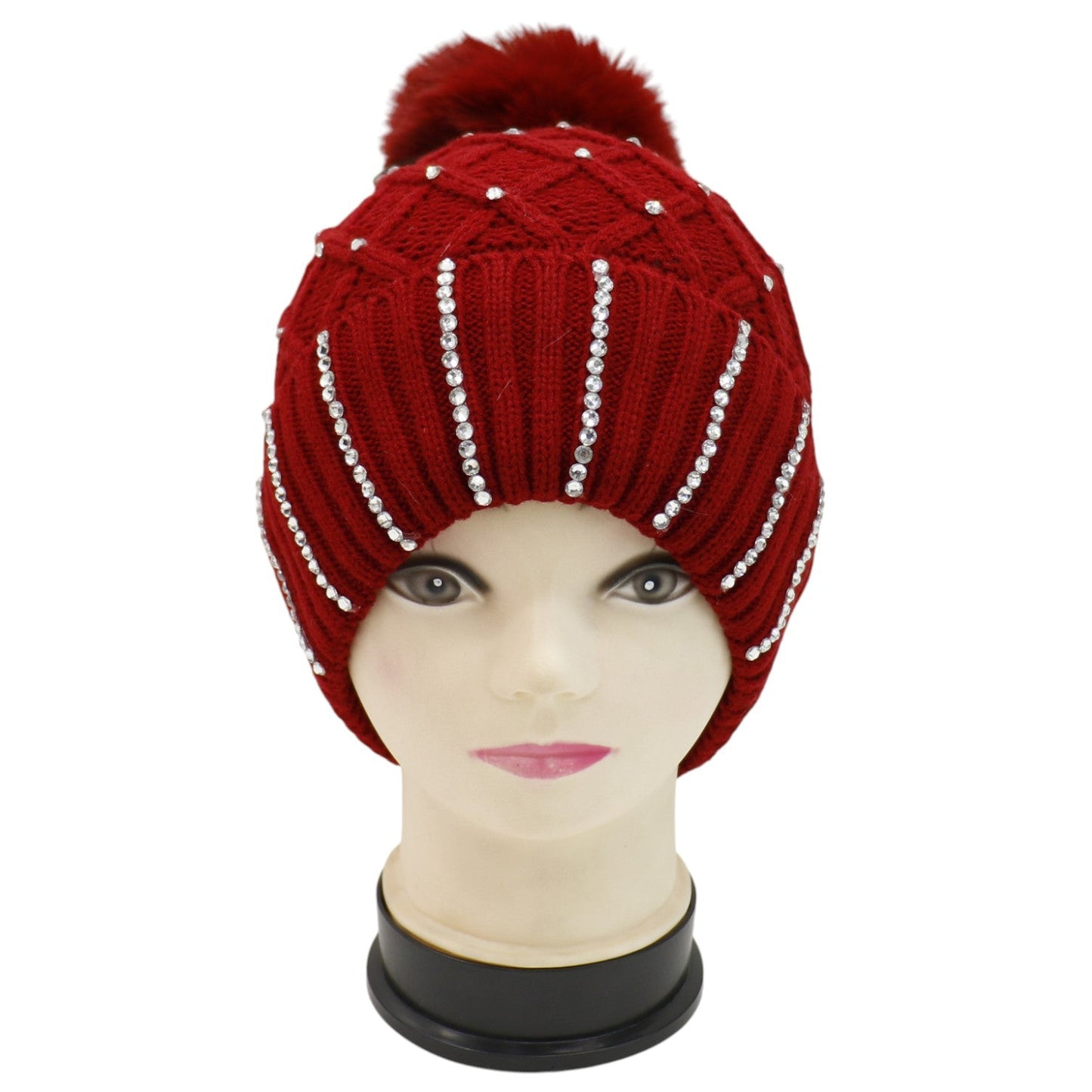 Pom Pom Knitted Beanie With Rhinestone HA4727-8. (12PC)