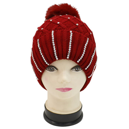 Pom Pom Knitted Beanie With Rhinestone HA4727-8. (12PC)