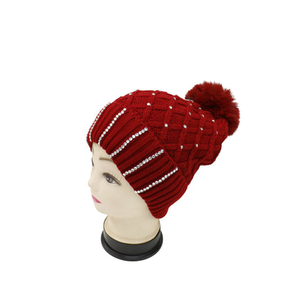 Pom Pom Knitted Beanie With Rhinestone HA4727-8. (12PC)