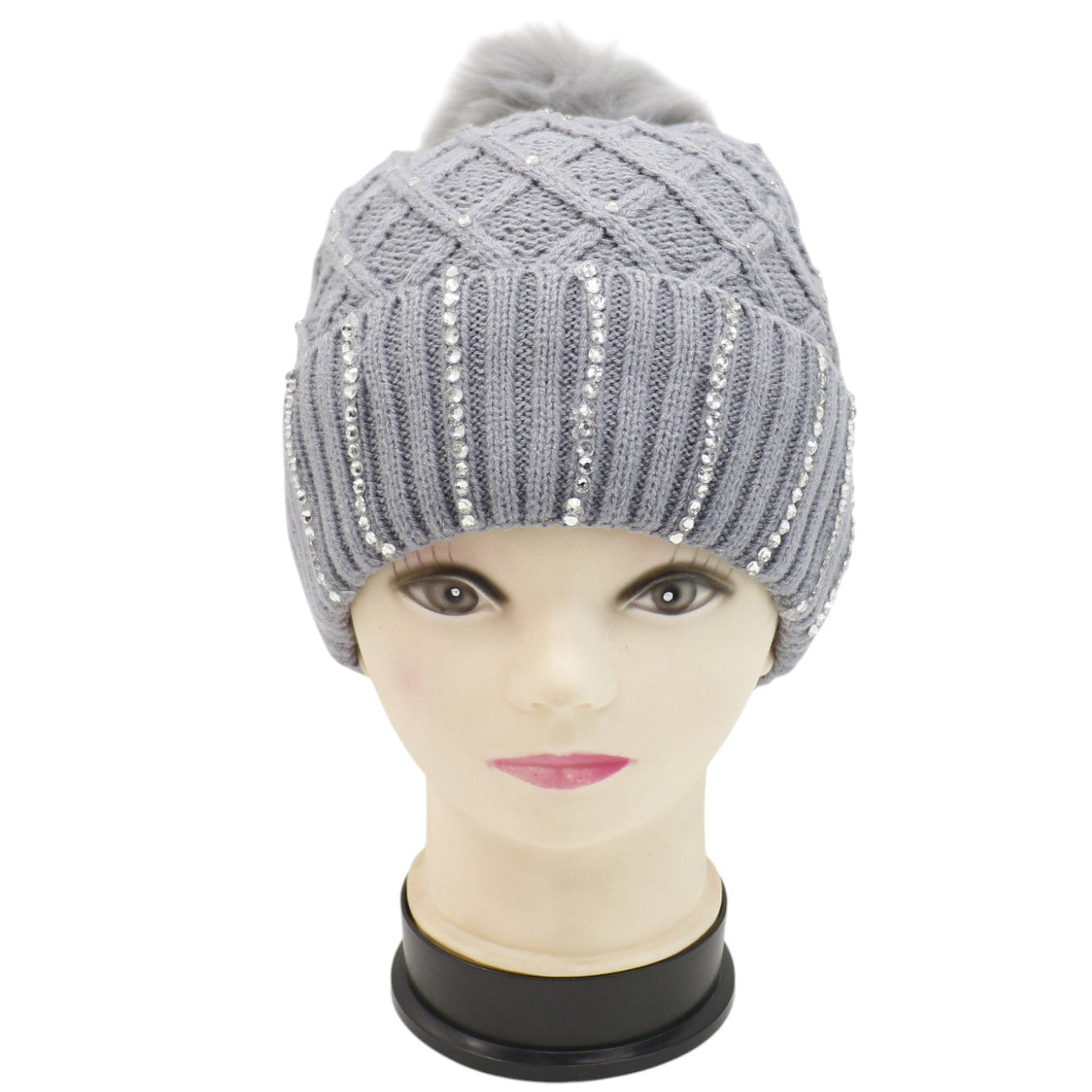 Pom Pom Knitted Beanie With Rhinestone HA4727-8. (12PC)