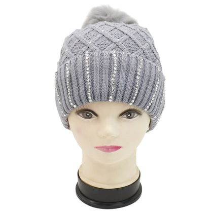 Pom Pom Knitted Beanie With Rhinestone HA4727-8. (12PC)