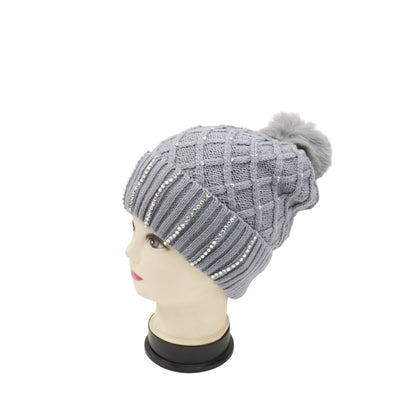 Pom Pom Knitted Beanie With Rhinestone HA4727-8. (12PC)