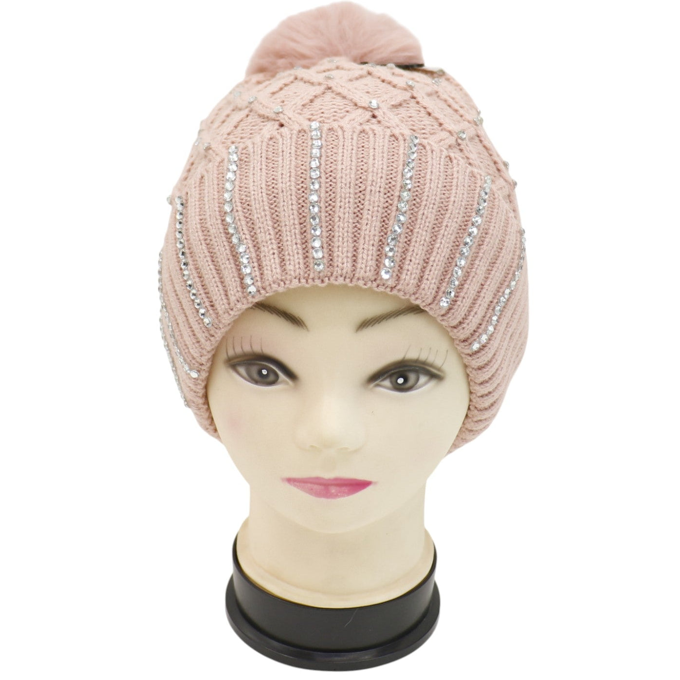 Pom Pom Knitted Beanie With Rhinestone HA4727-8. (12PC)