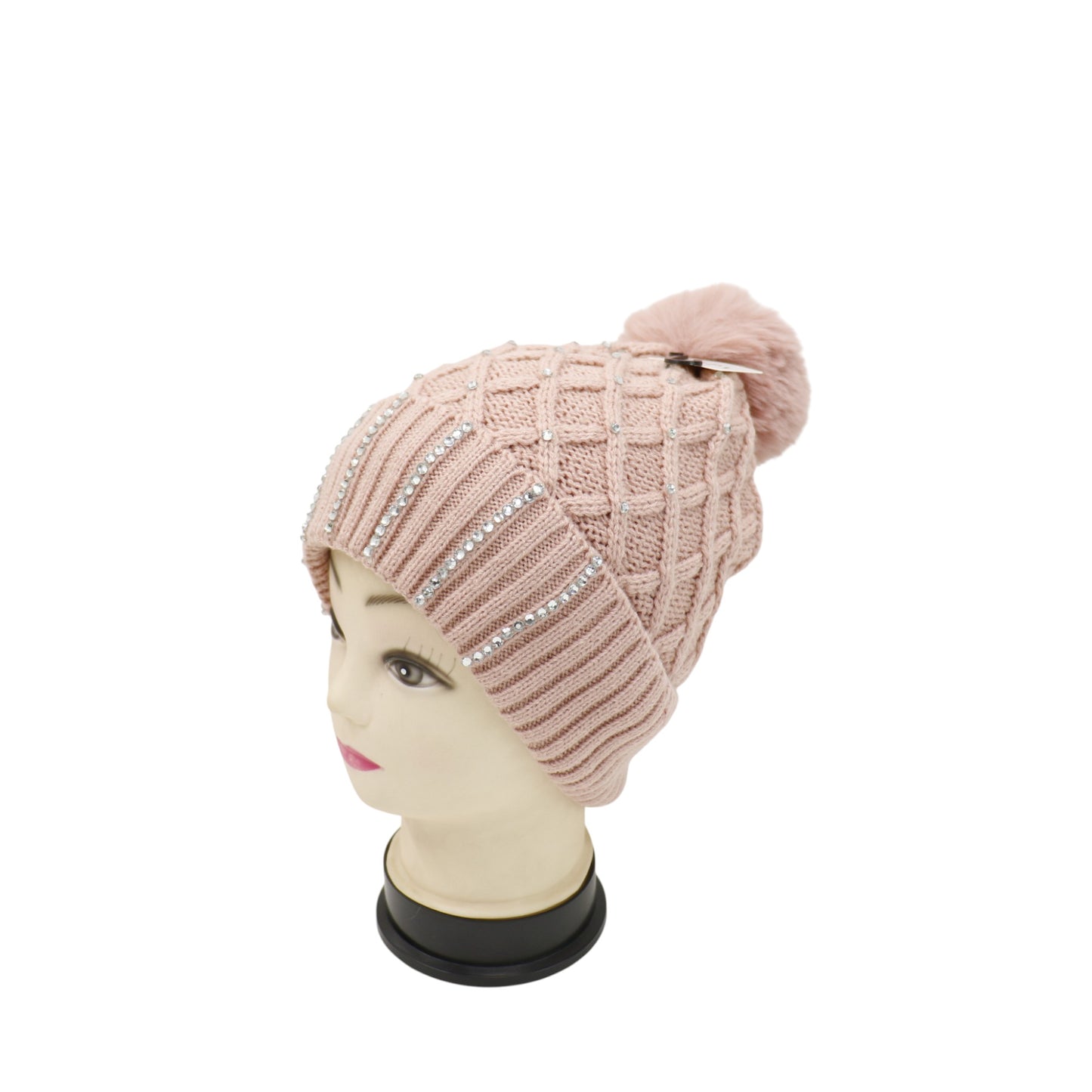 Pom Pom Knitted Beanie With Rhinestone HA4727-8. (12PC)