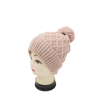 Pom Pom Knitted Beanie With Rhinestone HA4727-8. (12PC)