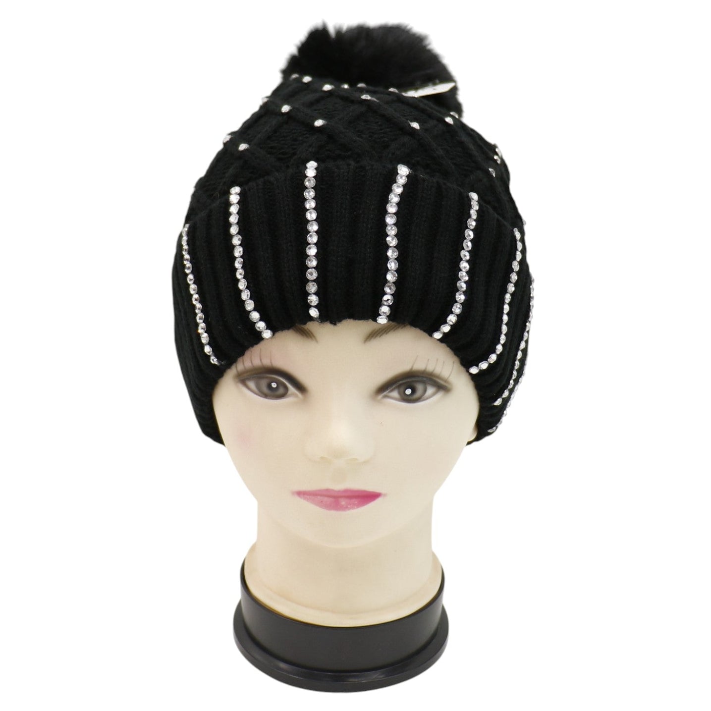 Pom Pom Knitted Beanie With Rhinestone HA4727-8. (12PC)
