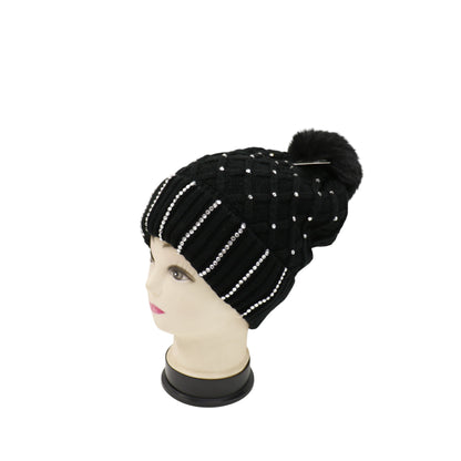 Pom Pom Knitted Beanie With Rhinestone HA4727-8. (12PC)