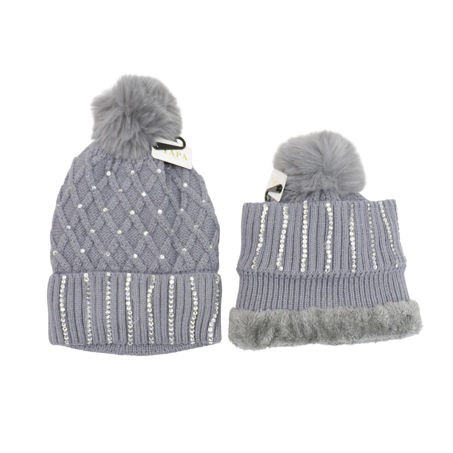 Pom Pom Knitted Beanie With Rhinestone HA4727-8. (12PC)