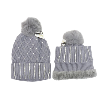 Pom Pom Knitted Beanie With Rhinestone HA4727-8. (12PC)