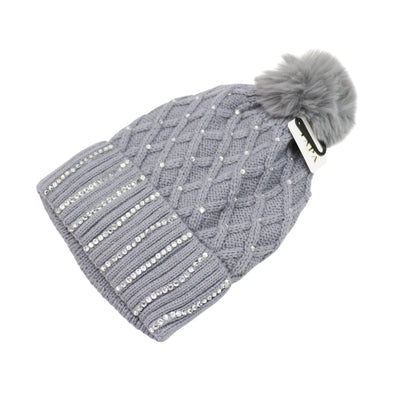 Pom Pom Knitted Beanie With Rhinestone HA4727-8. (12PC)