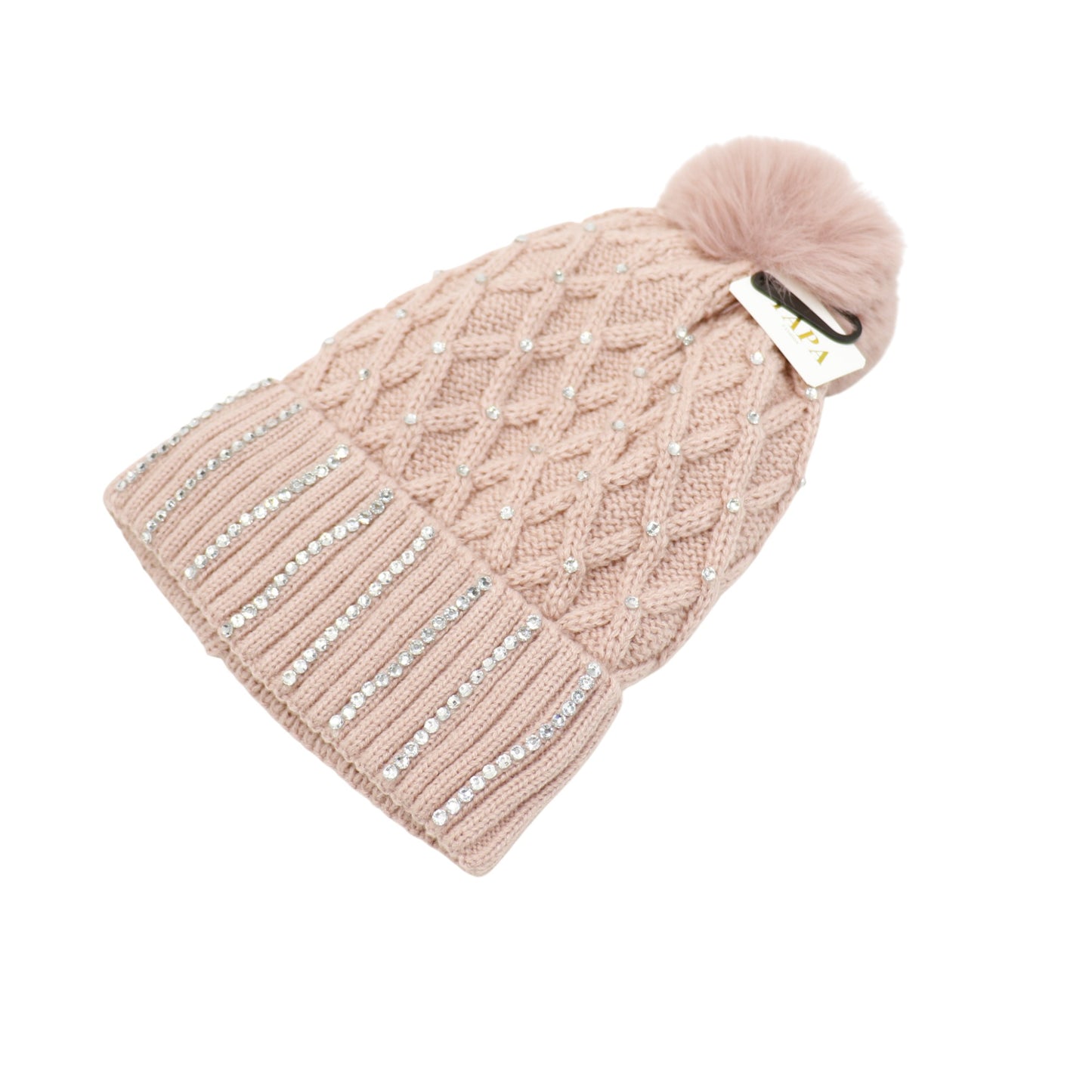 Pom Pom Knitted Beanie With Rhinestone HA4727-8. (12PC)