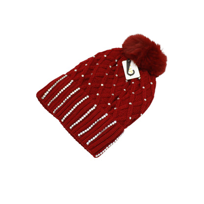 Pom Pom Knitted Beanie With Rhinestone HA4727-8. (12PC)