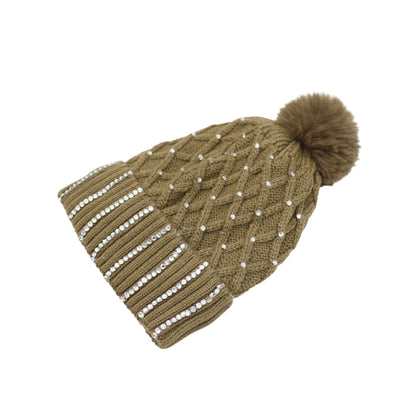 Pom Pom Knitted Beanie With Rhinestone HA4727-8. (12PC)