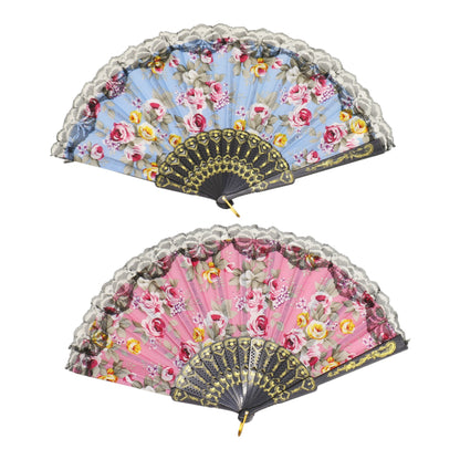 Rose Black Lace Trim Hand Held Folding Fan FN0439 (12PC)