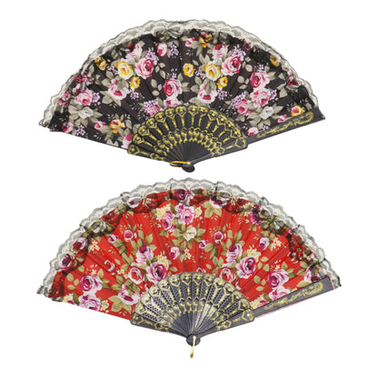 Rose Black Lace Trim Hand Held Folding Fan FN0439 (12PC)