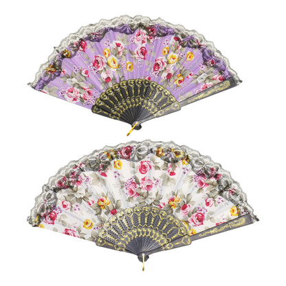 Rose Black Lace Trim Hand Held Folding Fan FN0439 (12PC)