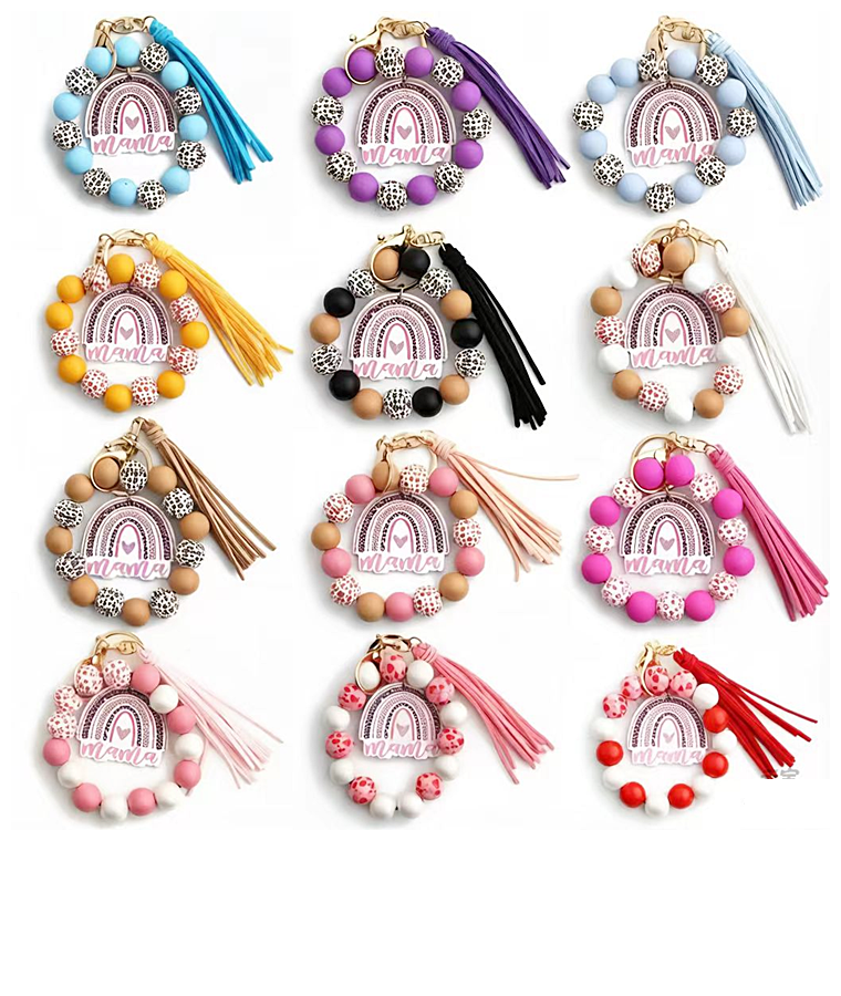 Multi Color Beaded Keychain Bracelet With Tassel JK6226-1 (12PC)