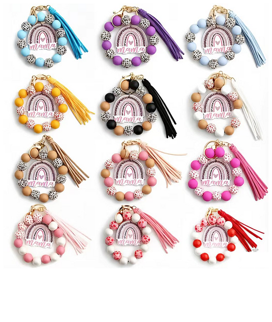 Multi Color Beaded Keychain Bracelet With Tassel JK6226-1. (12PC)