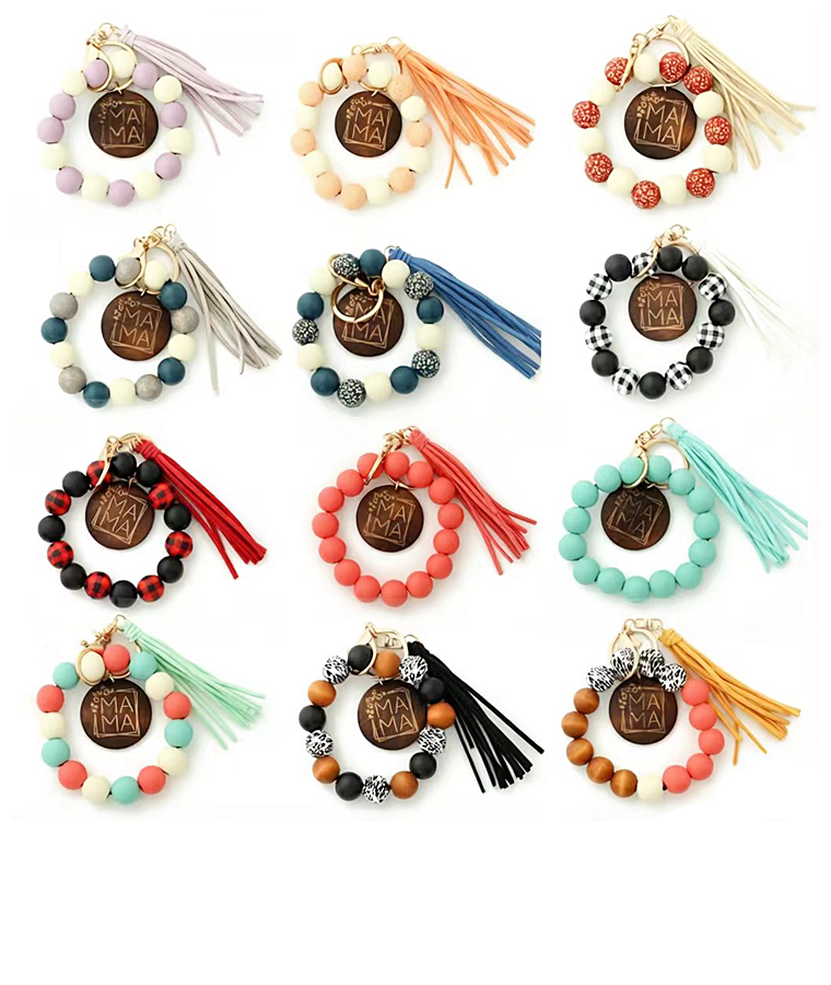 Multi Color Beaded Keychain Bracelet With Tassel JK6226-2. (12PC)