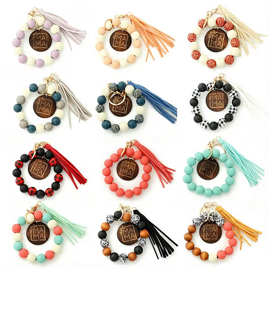 Multi Color Beaded Keychain Bracelet With Tassel JK6226-2. (12PC)