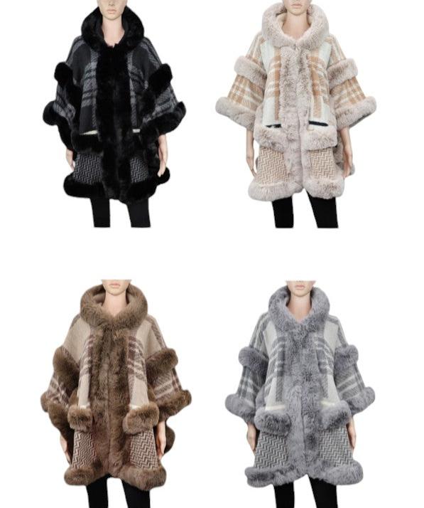 WINTER SHAWL WITH FAUX FUR TRIM CAPE P4334 (3PC)