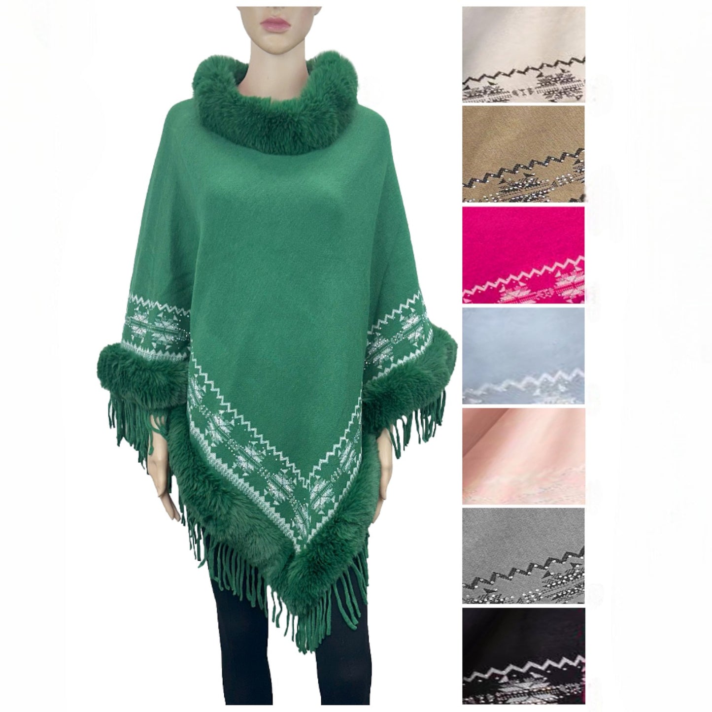 Geometric Aztec Pattern Fur Fringed Poncho P4607. (12PC)