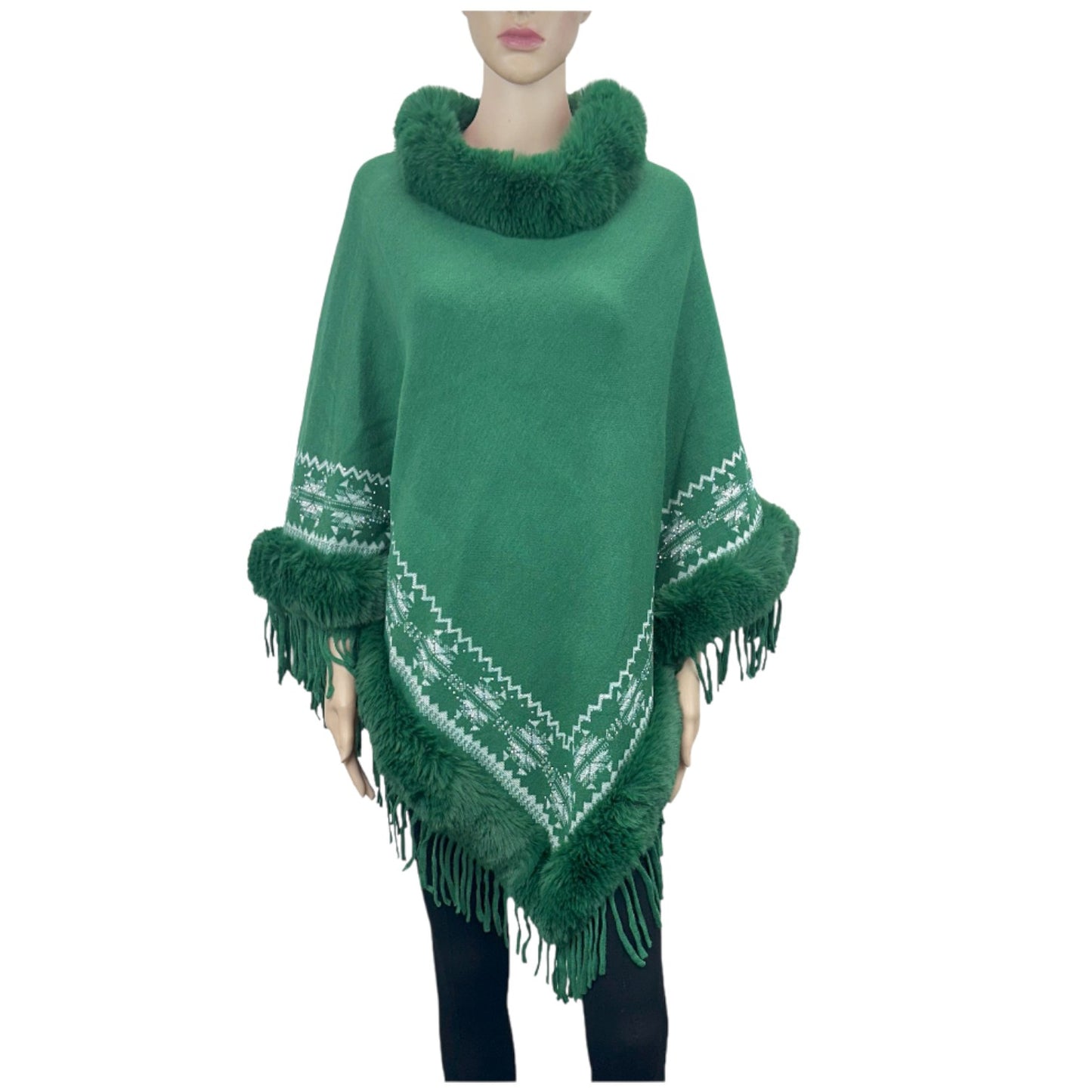 Geometric Aztec Pattern Fur Fringed Poncho P4607. (12PC)