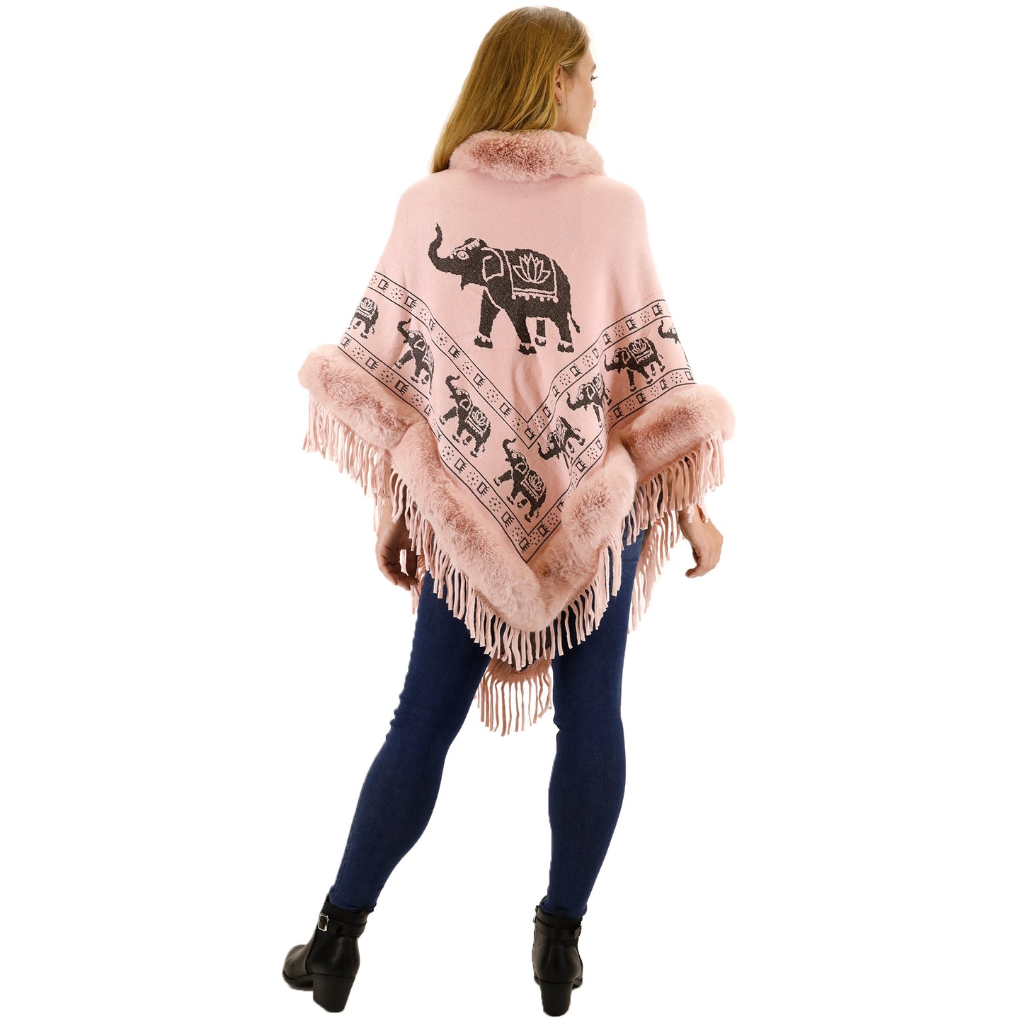 Elephant Pattern Fur Fringed Poncho P191 (12PC)